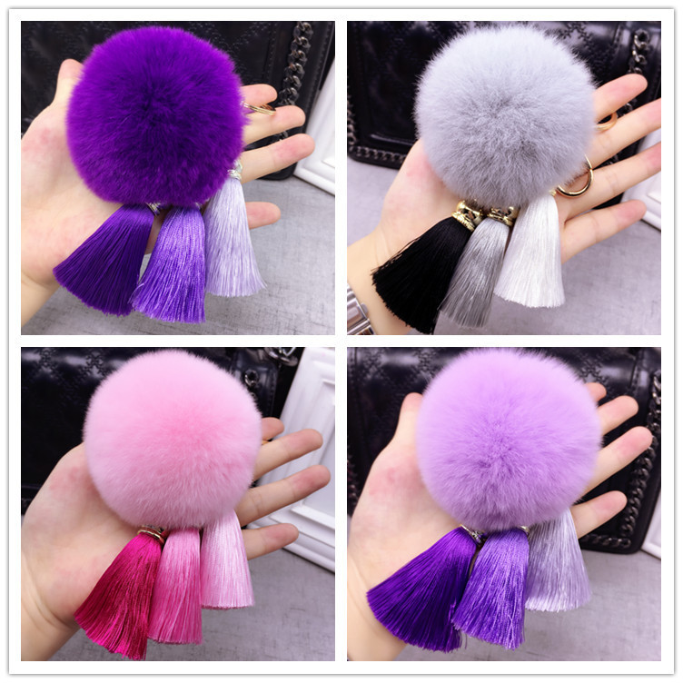 

Korean creative ice silk tassel female key chain car key chain pendant Rex rabbit fur ball Plush bag Pendant