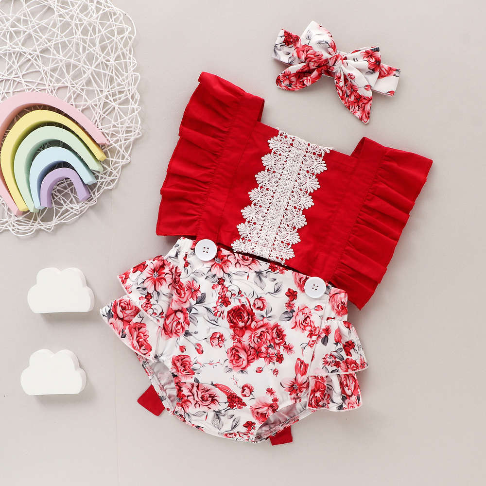 

Isn summer red dress with lace and two piece Hairband, White