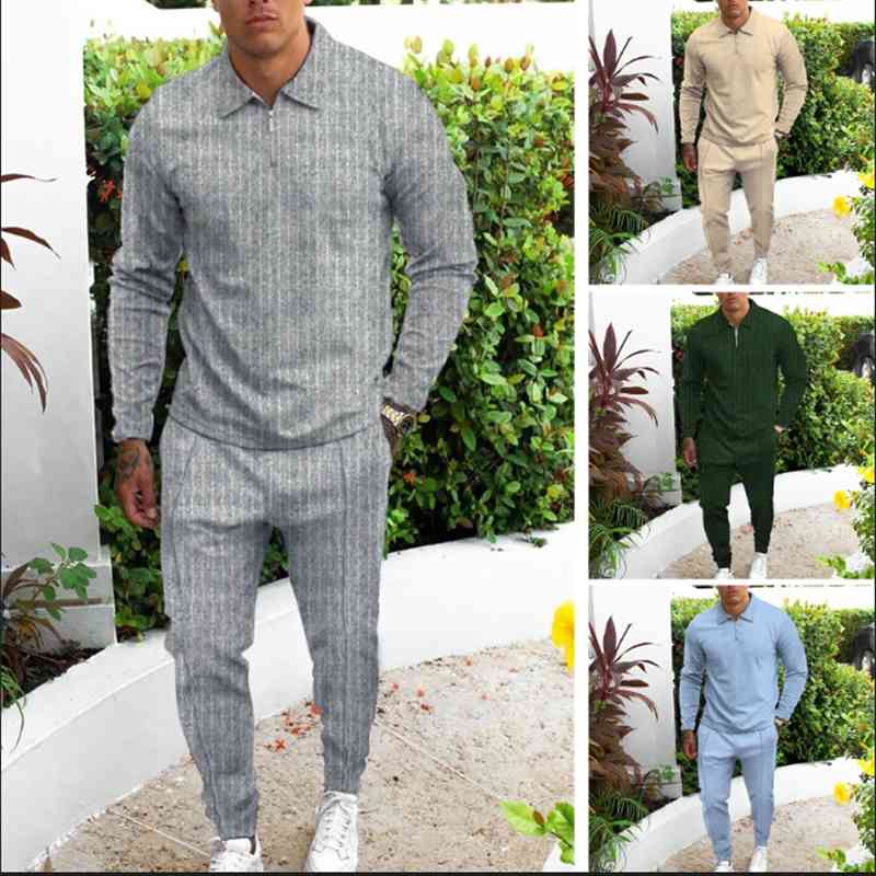 

New Men's T/C Fabric Stripe Polo Shirt Long Section Spring Autumn Casual Sportswear Mens Lapel Fashion Fitness Jogging Suit, Gray