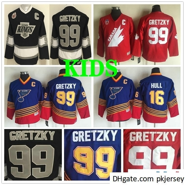 

Youth Los Angeles Kings #99 Wayne Gretzky Vintage CCM Stitched Children Kids St. Louis Blues 99 Wayne Gretzky 16 Brett Hull Hockey Jerseys, Black;red