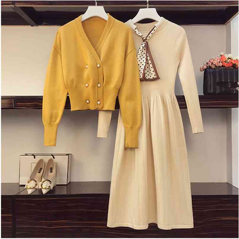 

Elegant Ladies Knitted Dress Two piece Suit Autumn Winter Double-breasted Cardigan sweater and Solid Bow Knit Sets 210602, Only coat
