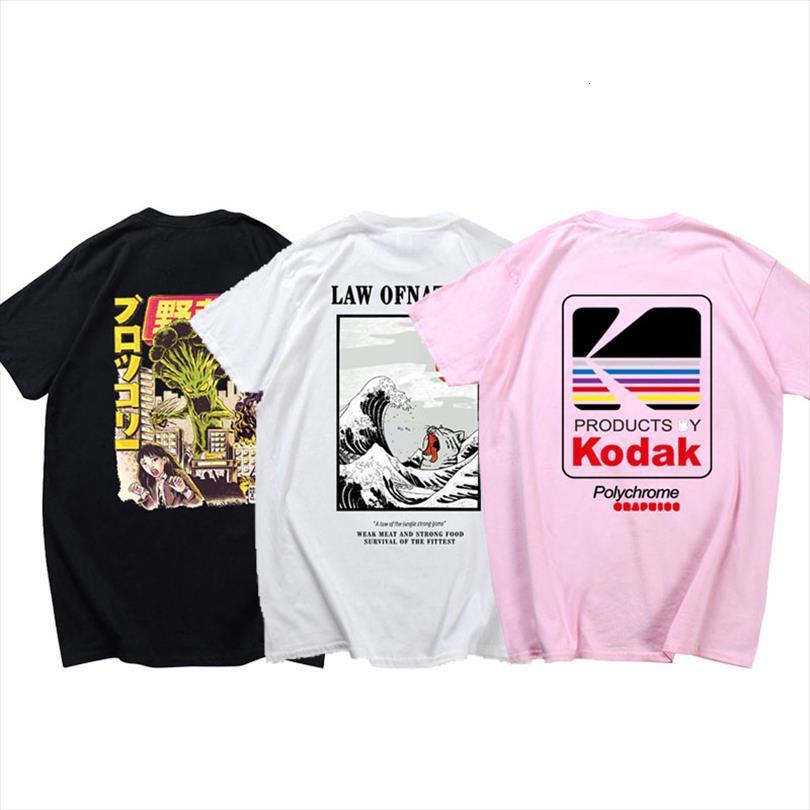 

japanese funny cat wave printed men t shirts women summer japan style hip hop casual kodak streetwear, White;black