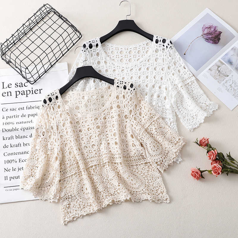 

Five-point Sleeve O-neck Hollow Knitted Sweater Women Thin Loose Bat Sleeve Hollow Fashion Sweater Pullover Female Spring Summer 210604, Apricot