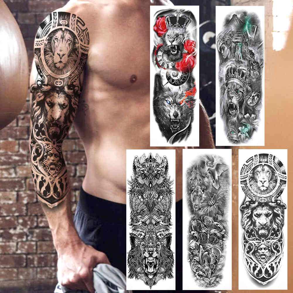 

Cruel Lion King Of Beast Temporary Full Arm Tattoo Sticker For Men Women Fake Wolf Tattoos Body Art Waterproof Tatoos 3D
