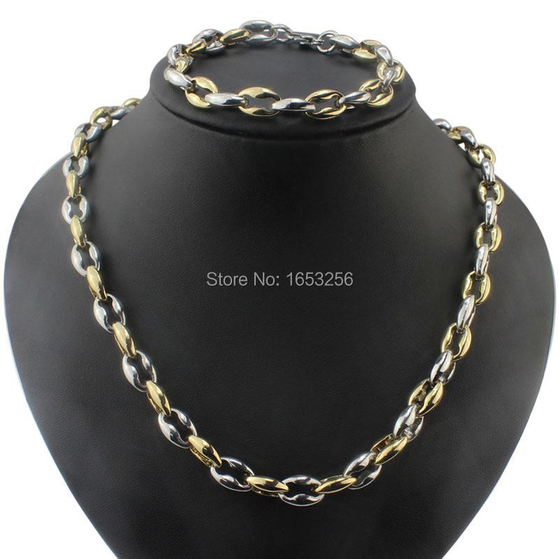 

Earrings & Necklace 2 Tone Gold Collarbone Chain Bracelet Set Men's High Quality Jewlery 9.5mm, As pic