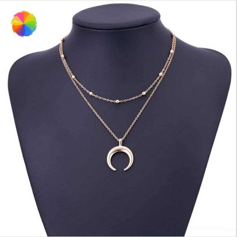 

Pendant Necklaces Bohemian Double Layer Moon Necklace Exquisite Beads Clavicle Collar Chain Jewelry, Silver