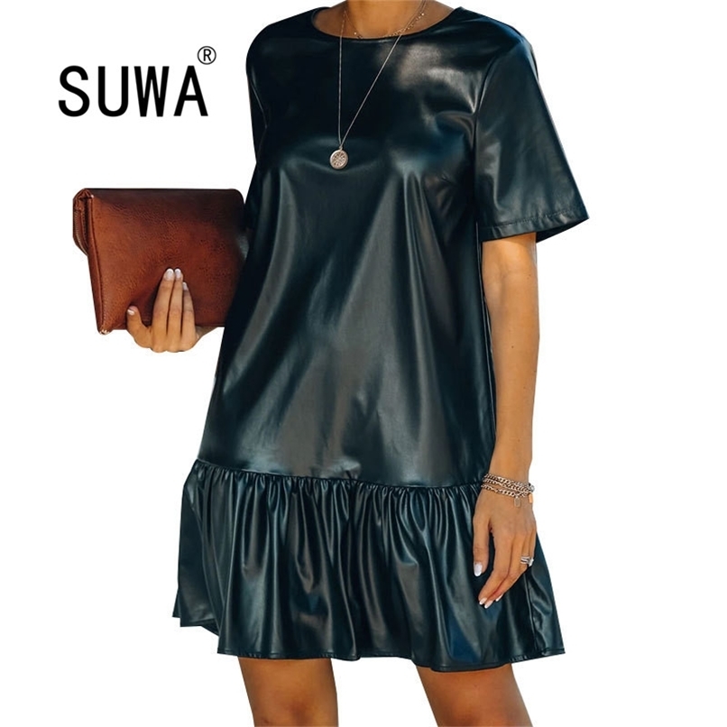 

High Street Fashion Women PU Leather Dress Ladies Summer Short Sleeve Pleated Mini Loose French Style Vintage Wholesale 210525, Black