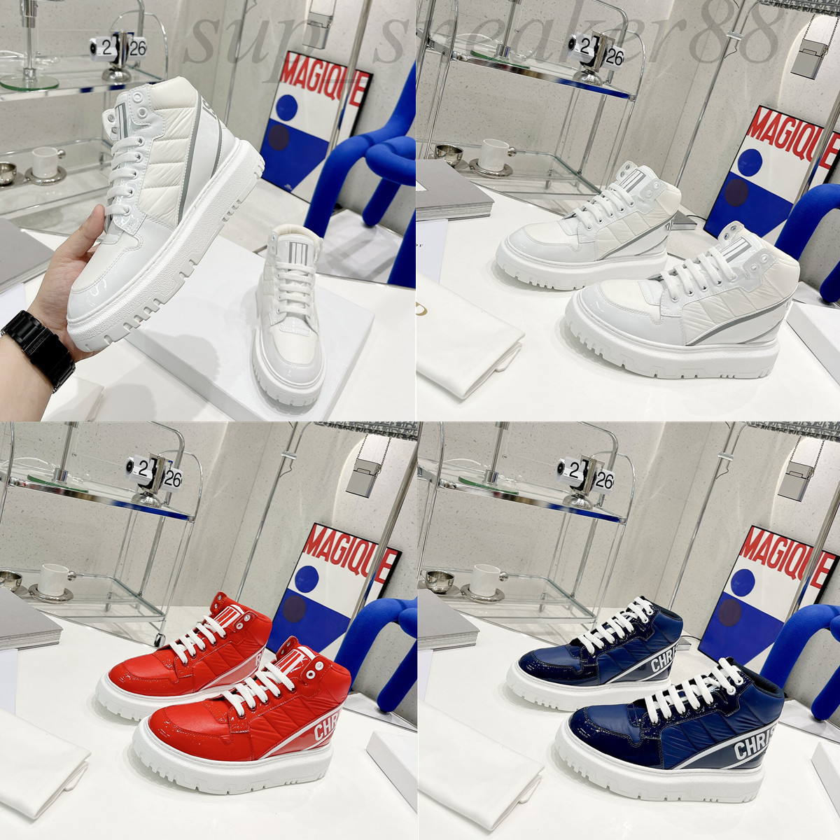 

Designer Luxury Casual Shoes Winter Womens Sneakers High Top Technical Canvas Leather Classic Luxurys Trainers White Red Blue Shoe Down fabr, Black