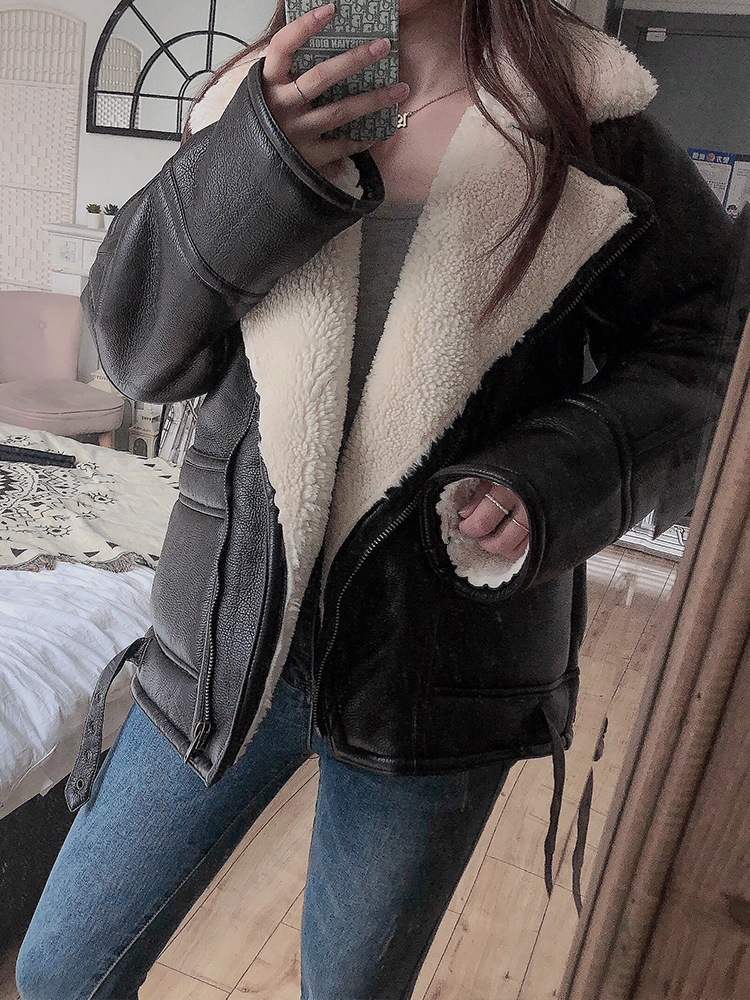 

Fur coat womens autumn and winter thickened cashmere Korean loose and handsome lamb fur fur integrated Motorcycle Jacket, Tan;black