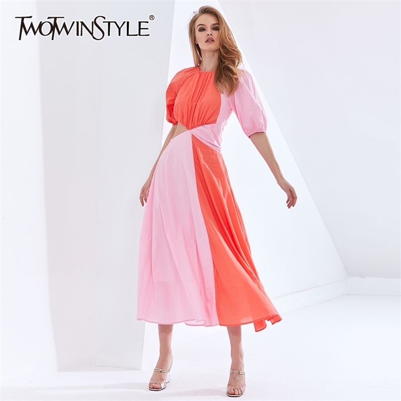 

Patchwork Hit Color Asymmetrical Summer Dress For Female Puff Sleeve High Waist Hollow Out Dresses Women 210520, Red