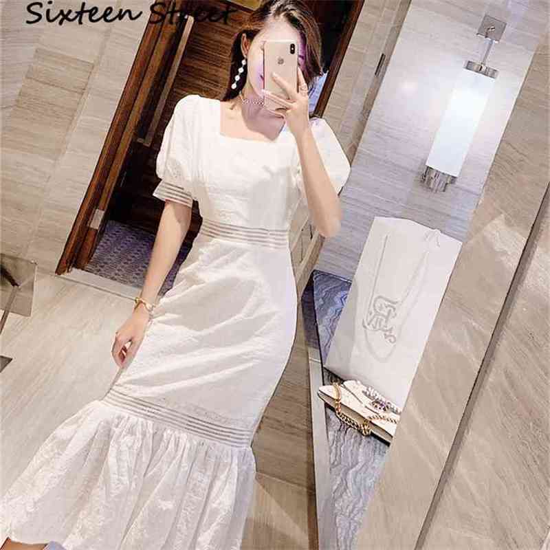 

Summer Puff Sleeve Dress Woman Square Collar White Solid Casual Trumpet Female for Party Short Vestido 210603, Blue