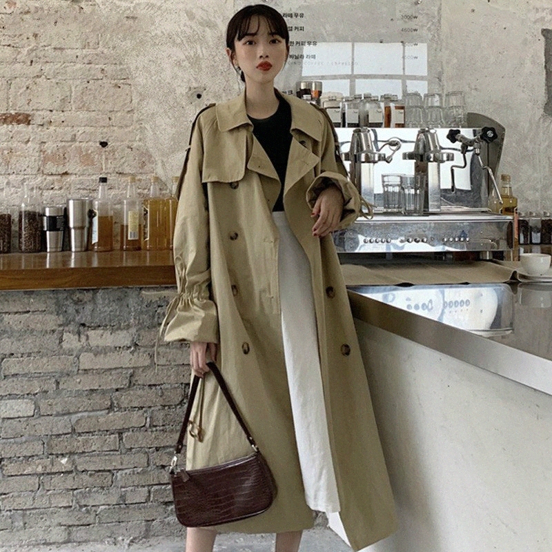 

drop shipping ladies turndown collar trench coats women drawstring sleeve female sash windbreaker outerwear long women j0di, Black