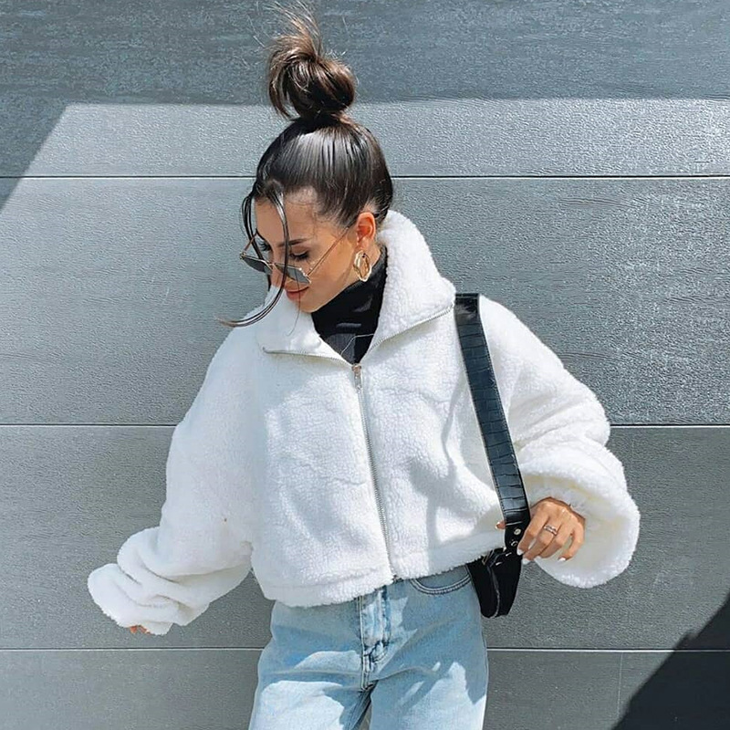 

Paris Girl White Casual Loose Short Lamb Wool Coats Women Winter Warm Fashion Lapel Cardigan Jacket Female Long Sleeve Overcoat 210524
