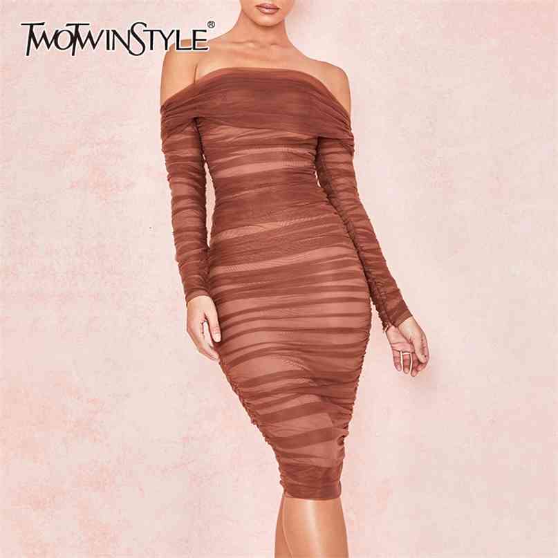 

Mesh Sexy Party Dress For Women Slash Neck Long Sleeve High Waist Pencil Dresses Female Autumn Fashion 210520, As picture