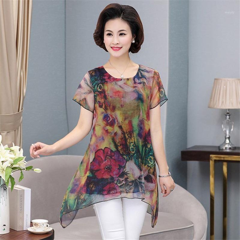 

Women 2021 Summer Casual Short Sleeve O-neck Chiffon Loose Plus Size Print Blouse Female Middle Age Mother Shirt Tops H348 Women's Blouses &, 02