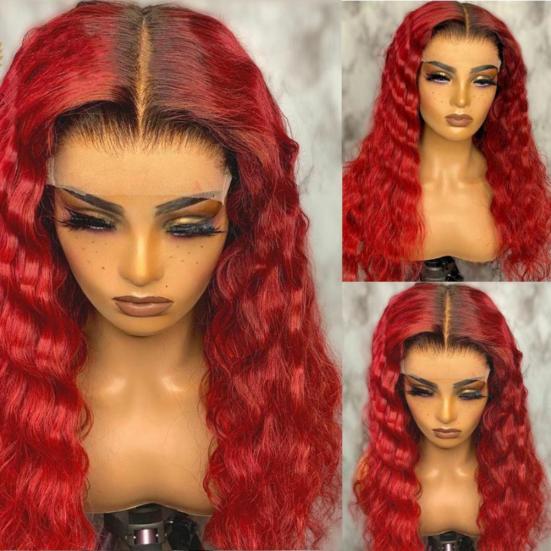 

Lace Wigs Ombre Burgundy 13X4 Front Human Hair With Baby Remy 1B99J Red Water Wave For Women, Black;brown