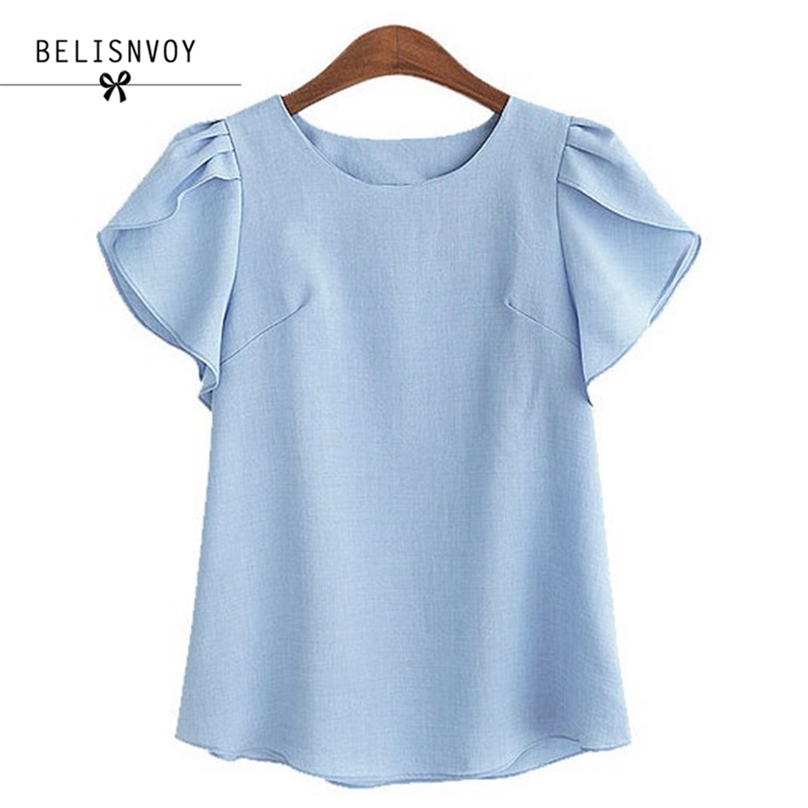 

M- Plus Size Tops Summer Fashion Women Clothing Blouses O-neck Casual Loose Shirt Butterfly Sleeves Female Blusas 210520, Pink