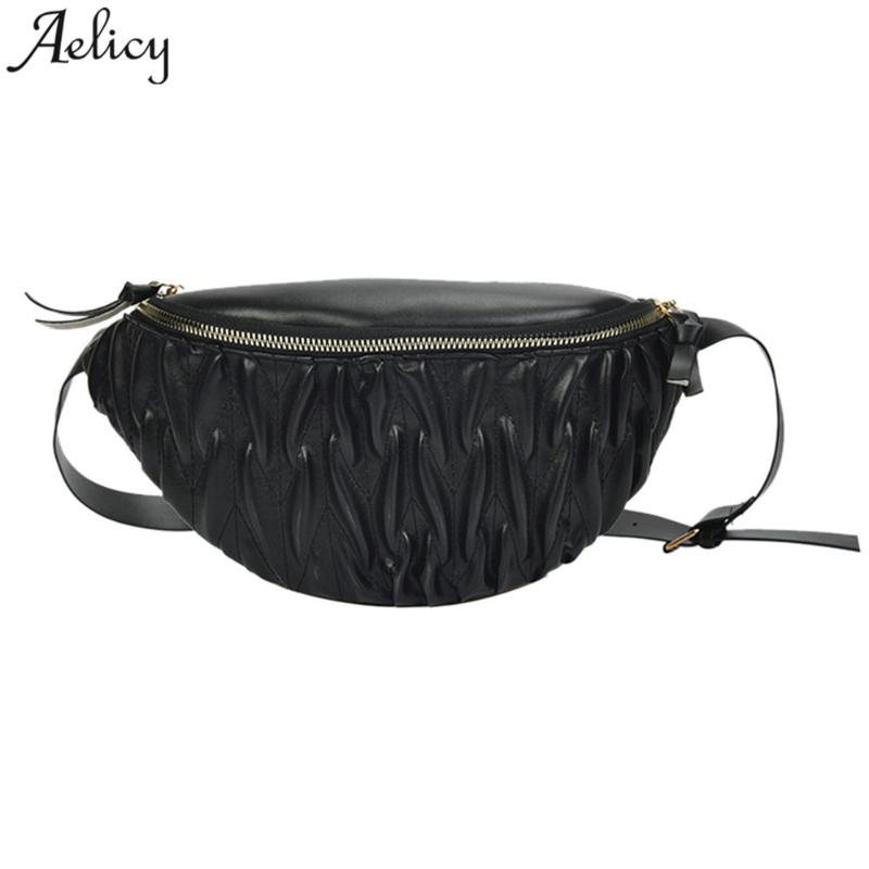 

Waist Bags Aelicy Bag Unisex Women Men Fashion Pleated Chest Girls Boys Couple Zipper Oval Shape Outdoor Leather, Black