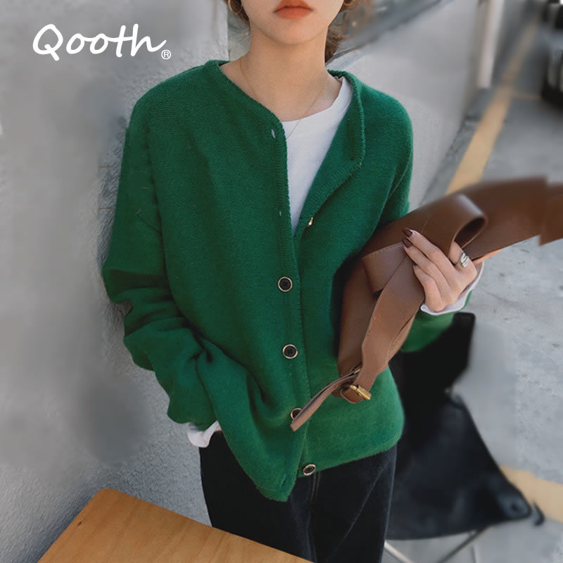 

Qooth Single Breasted Long Sleeve Cardigan Autumn Winter Green All Match Loose Sweater O-Neck Straight Fashion Cardigan QT681 210518