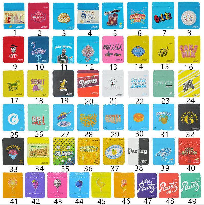 

3.5g Packing Bags Mylar 49 Types Cookies California Balla Berries Sweet Tea Stickybuns Lemon Pepper JEEF Sorbet Cereal Milk Bag