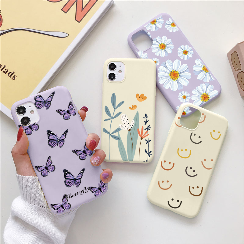 

Luxury Flower Case For iPhone 12 Mini 11 13 Pro Max X XR XS Max 7 8 6 6s Plus 5 SE 2020 Soft TPU Bumper Matte Smiley Back Cover