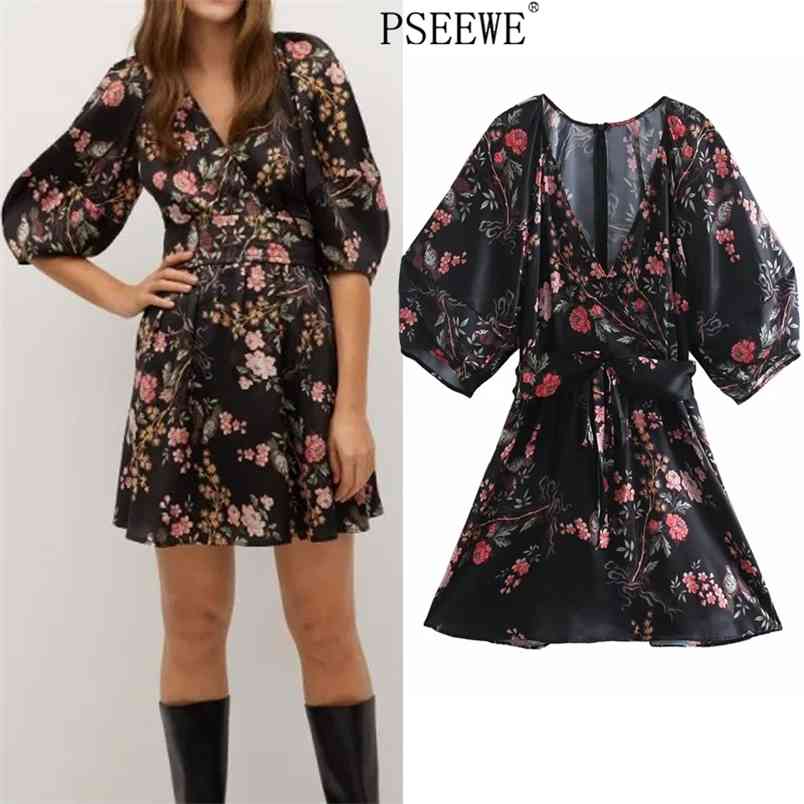 

Black Floral Print Mini Dress Women Summer Fashion Belt Short Puff Sleeve Wrap Woman Chic Elegant es 210519