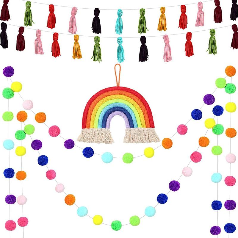 

Pieces Colorful Banner Wall Hanging Sets Tassel Garland Pom Ball Cotton Macrame Decorative Objects & Figurines