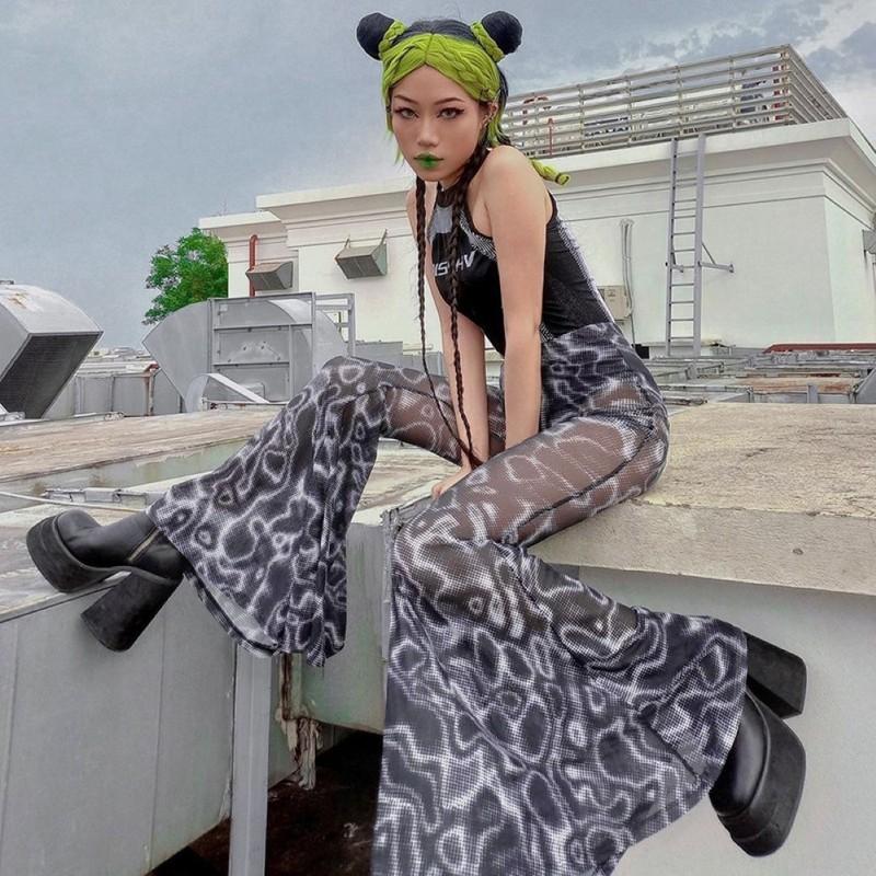 

Women' Pants & Capris European And American High Waist Mesh Flared Trousers Fashion Personality Printed Casual, Black