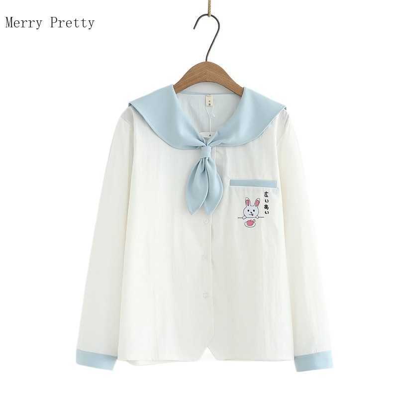 

White Harakuju Embroidery Cotton Casual Blouses Women Summer Long Sleeve Sailor Collar Vintage Shirts Ladies Pockets Tops 210526