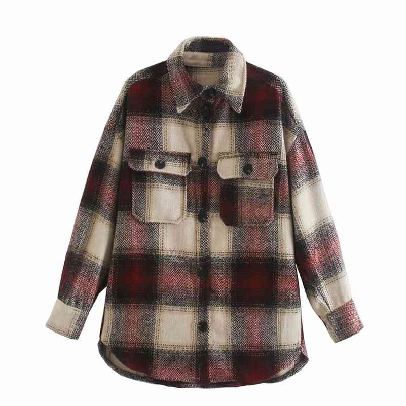 

Vintage Chic Red Contrast Colors Plaid Shirt Jackets Women Fashion Pockets Lapel Collar Button-up Coat Girls Chic Outerwear 210520