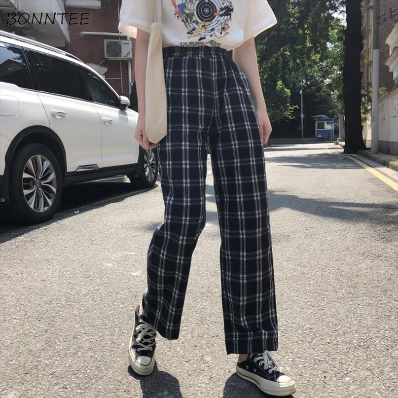 

plaid retro pockets elastic waist women pant korean style all match womens spring long trousers straight leisure loose, Black;white