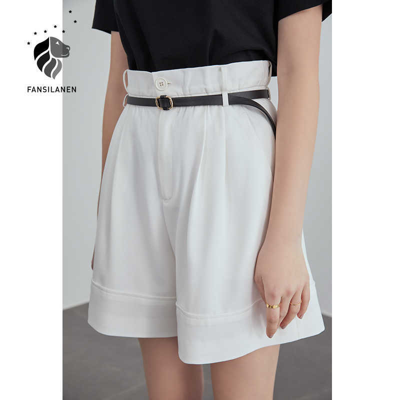

FANSILANEN White Black Green Suit Shorts Thin Loose Pants Wide Leg Women High Waist A-line Casual Clothing 210607, Beige