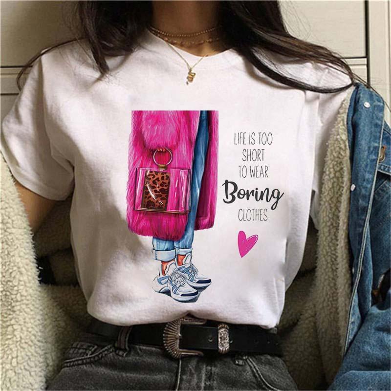 

Women' T-Shirt 90s Fashion Lady Vogue Friend Print Tshirt Streetwear Life Is Short To Wear Boring Clothes Vintage Urban Cowboy Shirt, Beige