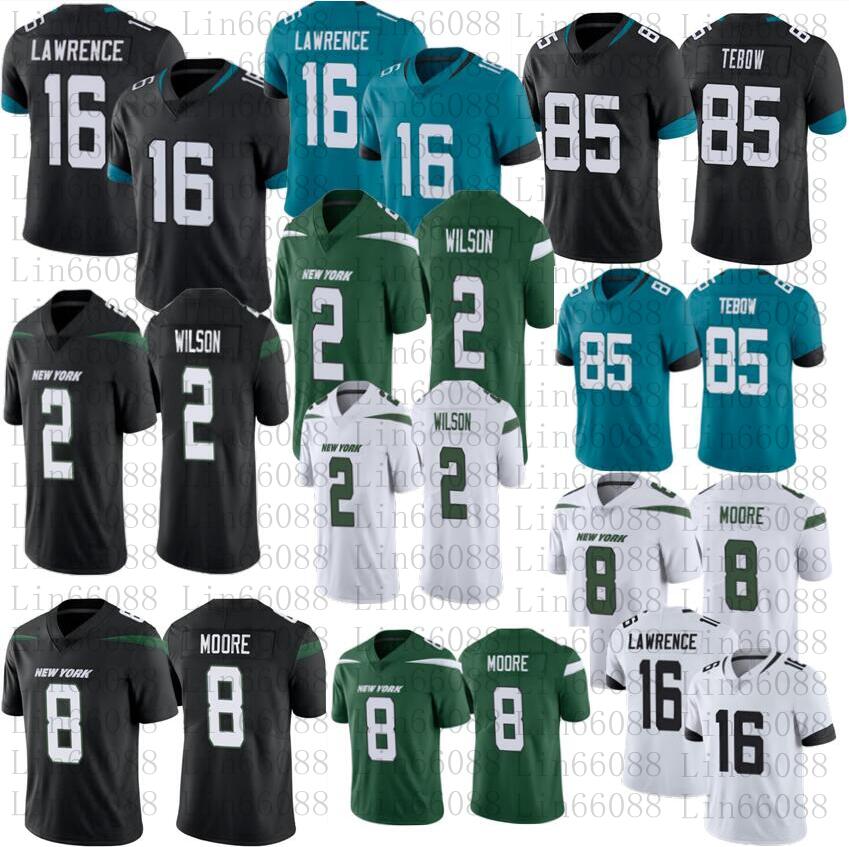 

Men football 16 Trevor Lawrence 85 Tim Tebow 2 Zach Wilson 8 Elijah Moore jersey, White