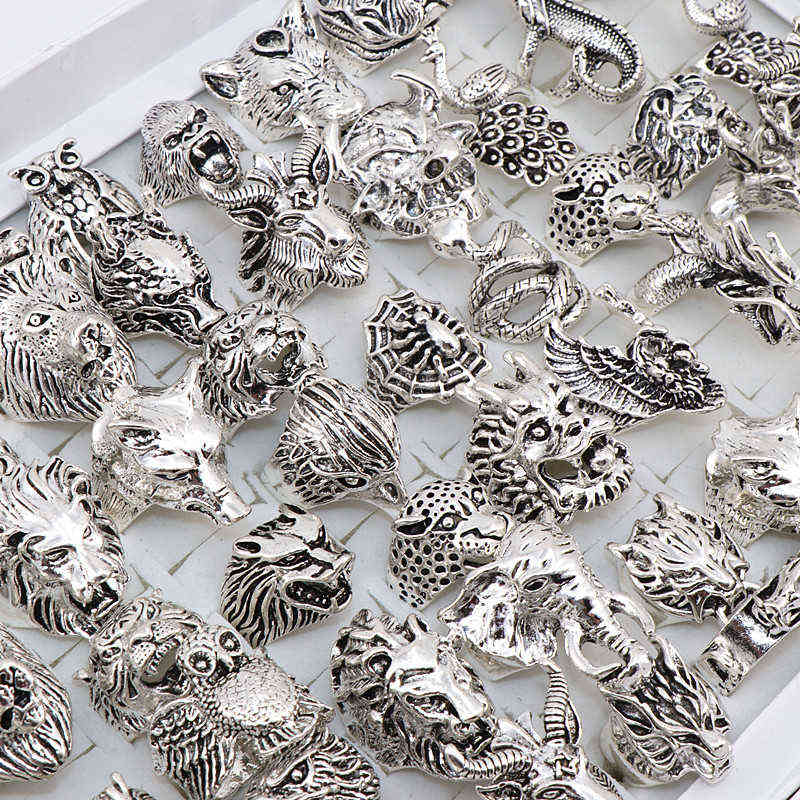 

Wholesale 20pcs/Lots Mix Snake Owl Dragon Wolf Elephant Tiger Etc Animal Style Antique Vintage Jewelry Rings for Men Women 220113