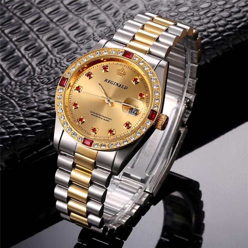 

Wristwatches 2021 Reginald Watches Men Luxury Gold Stainless Steel Date Analog Quartz Diamond Watch Relogio Masculino, 148911goldred