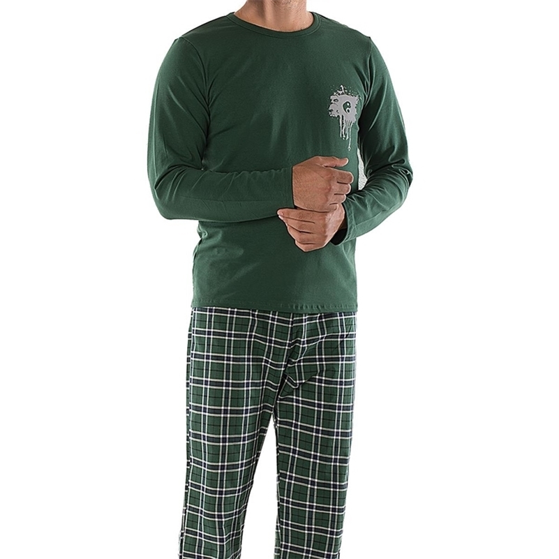 

Men Pajama Set Soft Comfortable Spring Autumn Winter Long Sleeve Pants Home Wear Plus Size Cotton Pajamas Süit 211111, Pea green