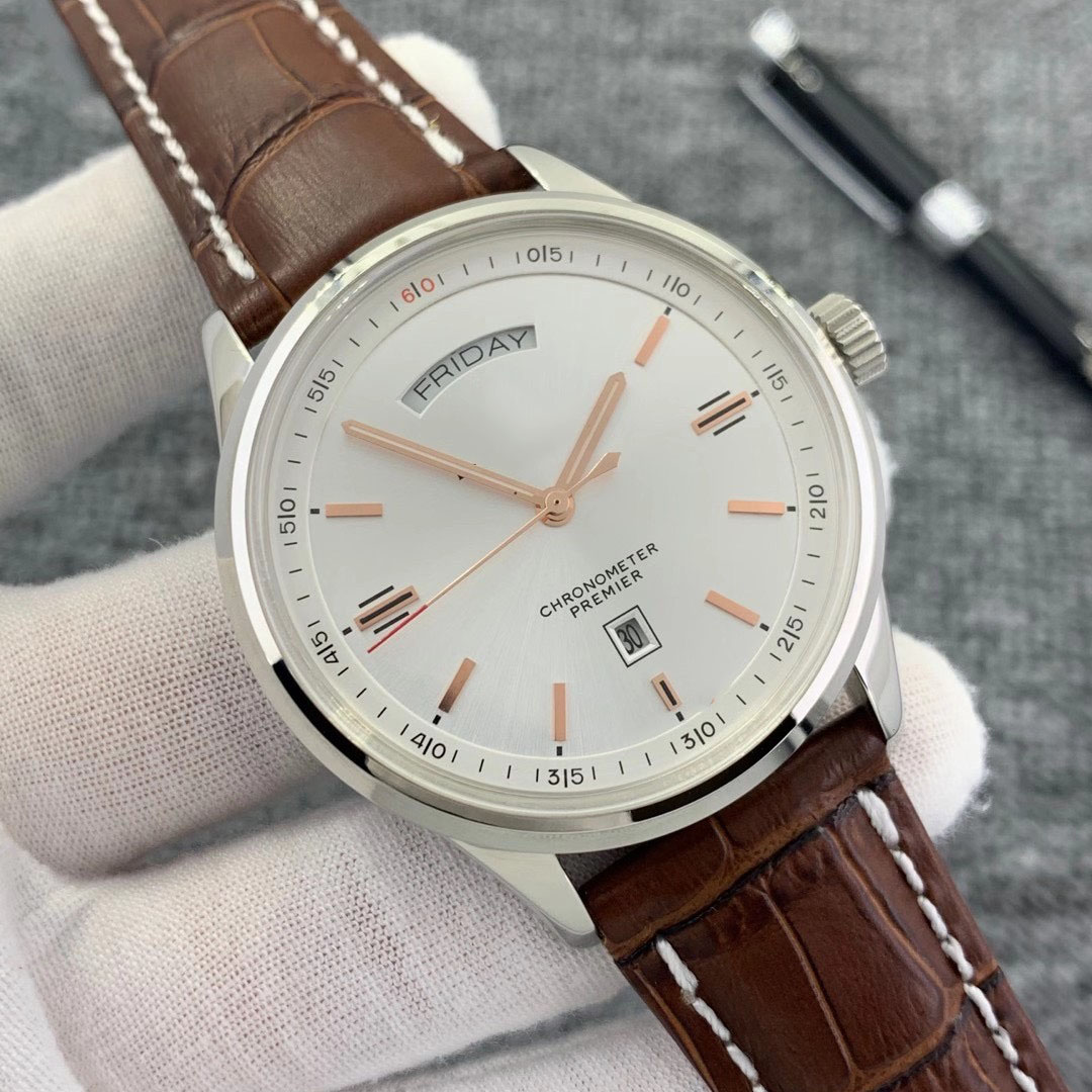 

Premier Automatic Day Date 40mm Mens Watches Men Watch Wristwatches Stainless Steel Smooth Bezel Rose Gold Neil Silver Dial Leather Strap, No send watch for shipping