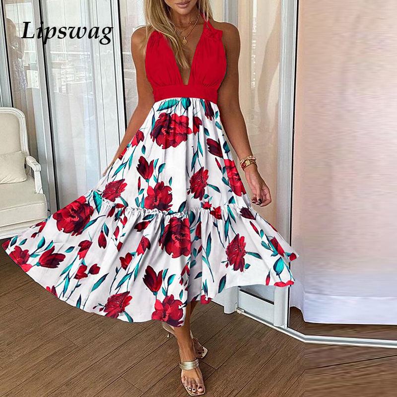 

deep v-neck backless party dress 2021 summer hollow out strap sleeveless long dress elegant rose print ruffle women dresseshigh quality, Black;gray