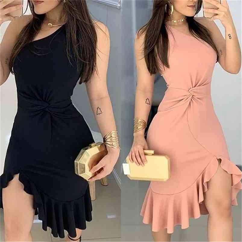

est Women Girl One Shoulder Asymmetric Hem Dress Office Lady Irregular Ruffled Mini Dresses Vestidos For Evening Party 210701, Black