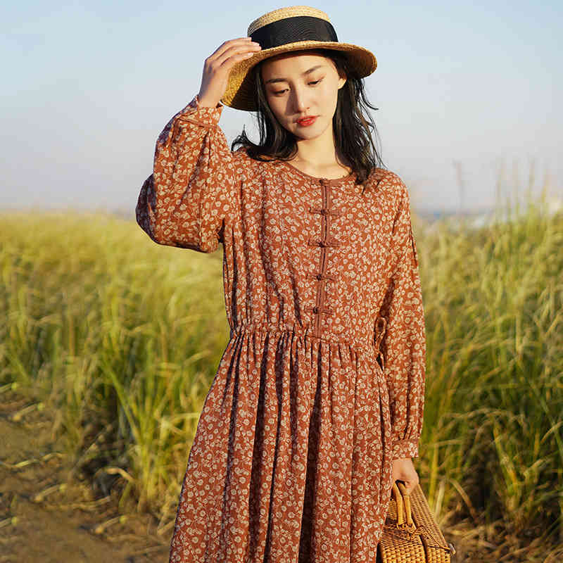 

Johnature Women Chinese Style Shirt Dresses Print Floral O-Neck Long Sleeve Cotton Linen Robes Spring Sweet Girl Dress 210521, Brown red