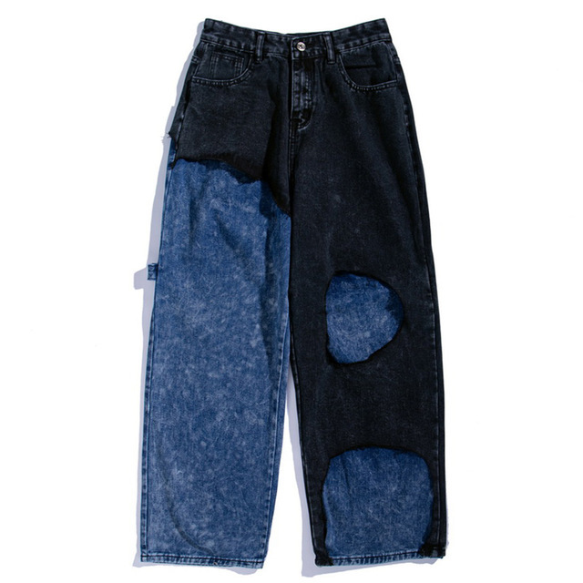 

Jeans Men Patchwork Patch Hole Ripped jeans Hip Hop Casual Fashion Streetwear Vintage Baggy Denim Pants Couple, Black