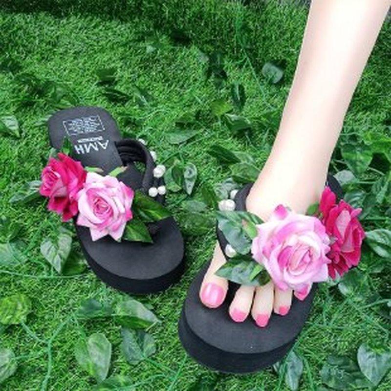 

Slippers Women Summer Fashion Women's 2021 Colorful Rose Flower Sandals Flip Flop Shoes Woman Gladiator, Beige