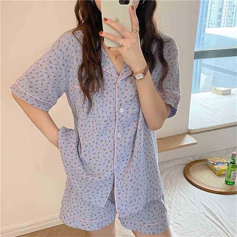 

All Match Printed Plants Stylish Gentle Girls Loose Casual Homewear Women Sleepwear Pajamas Suits Sets 210525, Apricot