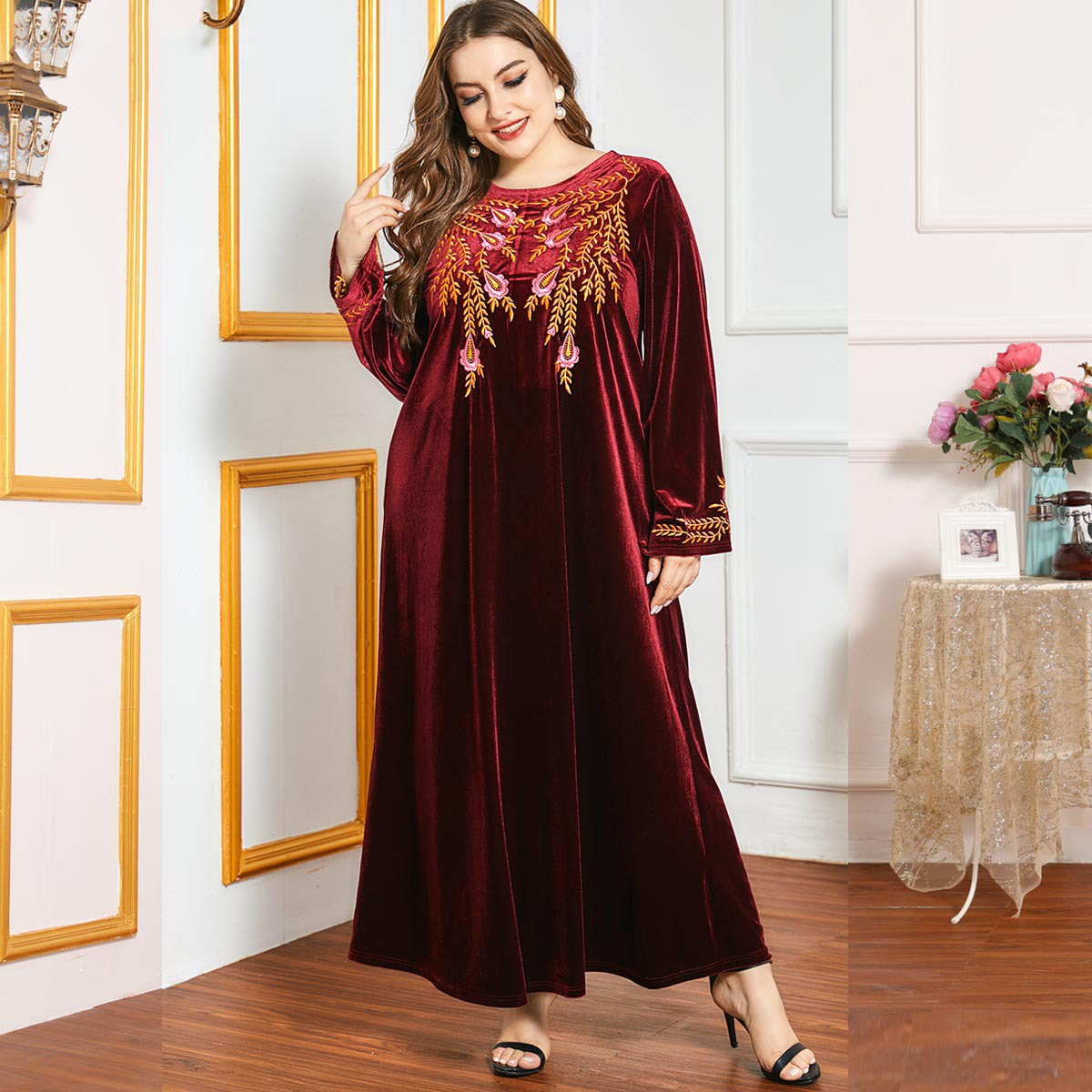 

Turkey Arab Muslim Veet Dress Women Winter Moroccan Kaftan Abaya Hijab Dresses Musulman Marocain Caftan Arab Islamic Clothing