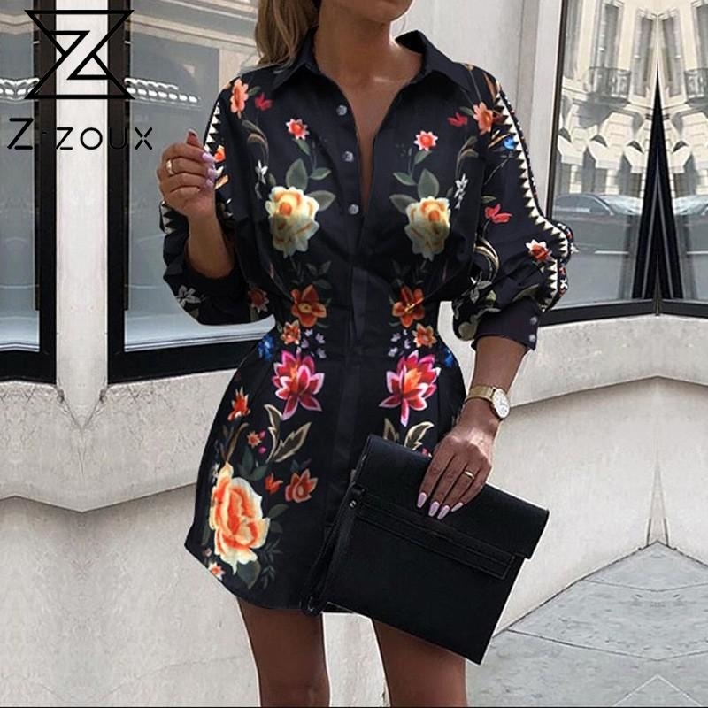 

Women Dress Long Sleeve Single Breasted Shirt Flower Printed Summer es Slim High Waist Ladies es 210524, Black