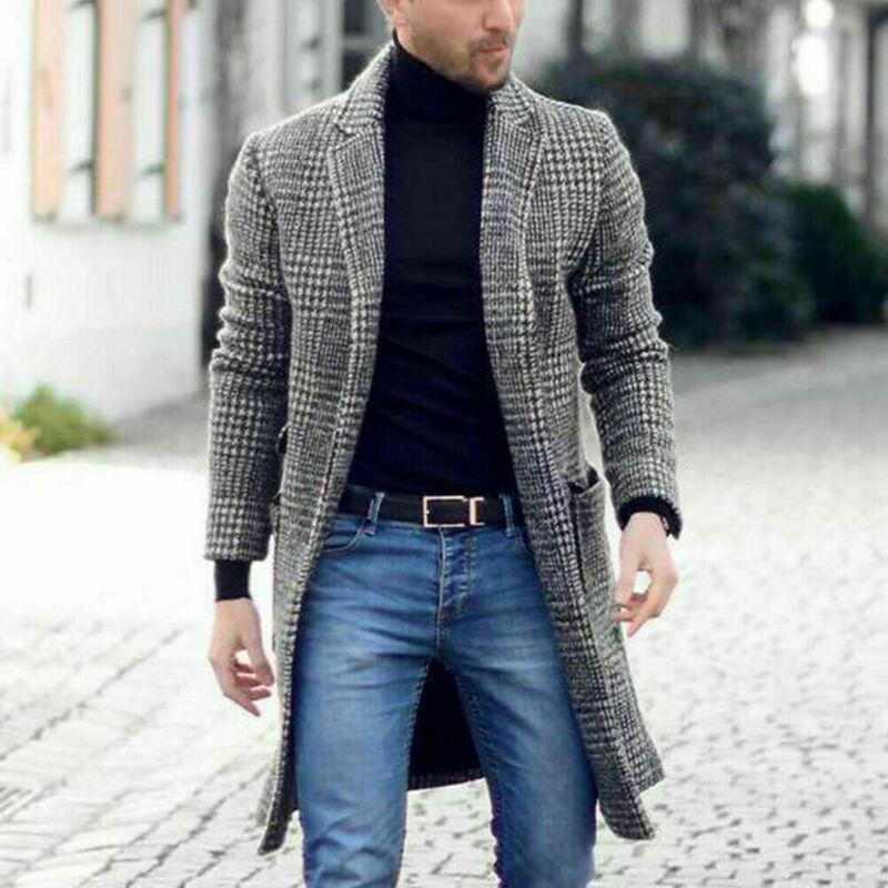 

Men's Wool & Blends Winter Fashion Plaid Plus Size Overcoat Male Casual Gentlemen Long Coat Jacket Outwear High Quality, Black