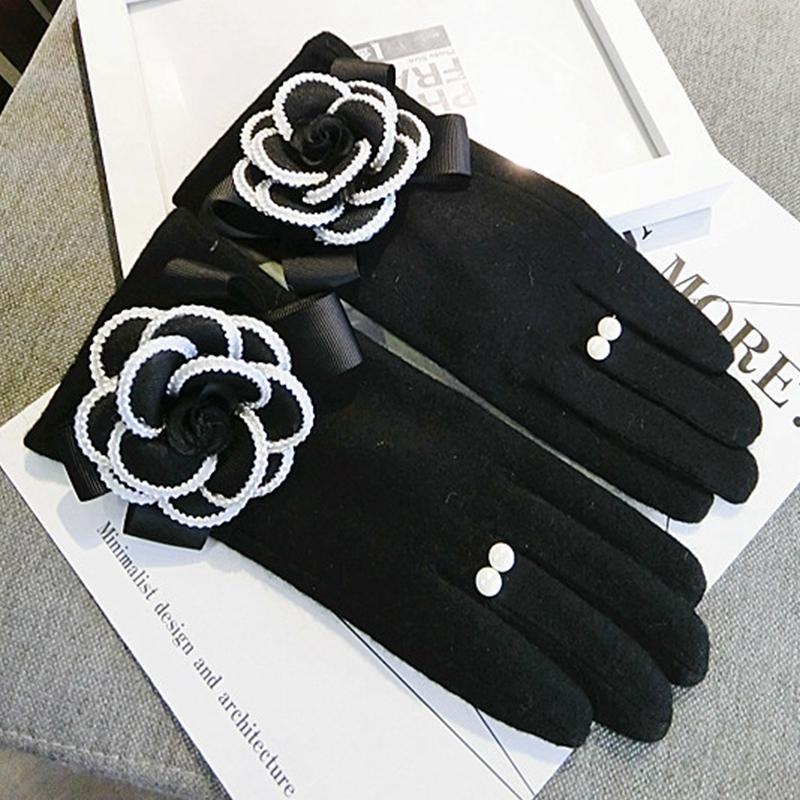 

Fingerless Gloves Brand Glovs Winter Women For Touch Screen Cashmere Mittens Female Big Flower Warm Wool Driving, Blue;gray