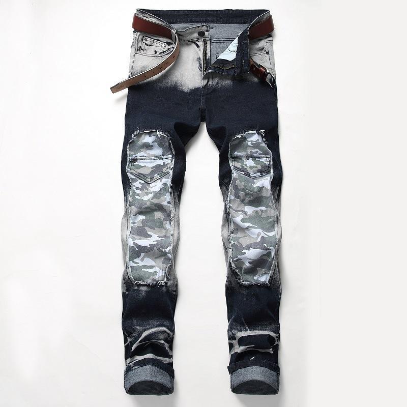

Men's Jeans Men Spring Autumn Fashion Vintage Casual Hole Patch Decorative Elastic Denim Pants Male, Blue