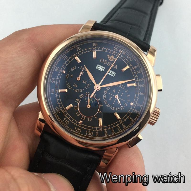 

Wristwatches Ossna 42mm Mens Top Luxury Watch Gold Case Black Dial Date Moon Phase Multifunction Automatic, Style 1